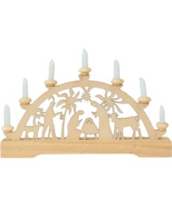 Mini-Schwibbogen Palmenkrippe mit weißen Kerzen